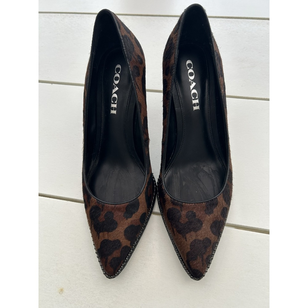 Coach Leopard Print Calf Hair Pointed Toe Pumps with Chain Trim Brown Black 7B